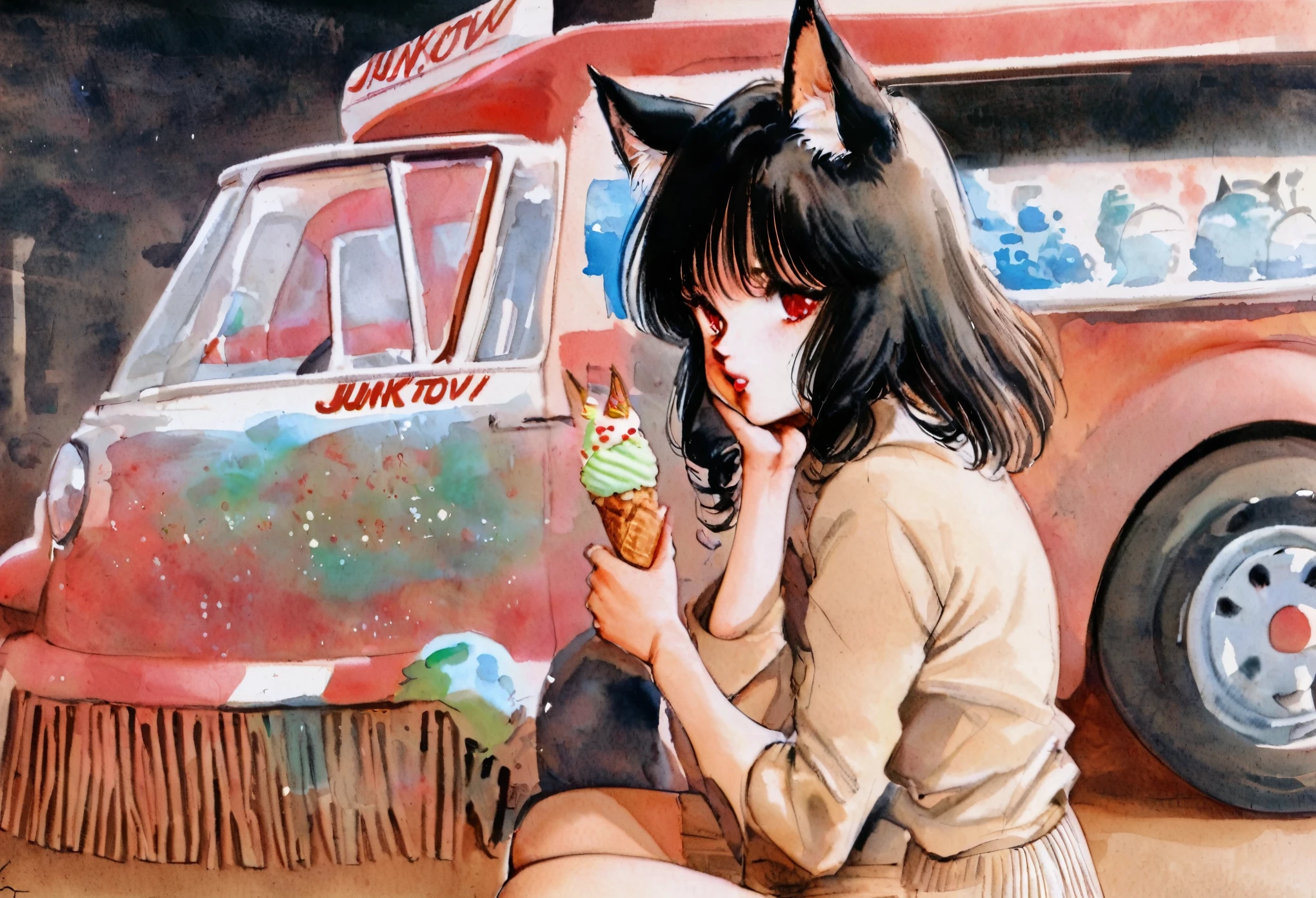  foreground. 1 girl (junkotvv black hair, fringe, cat ears, red eyes),  boring expression,  holding an ice cream cone ,   sitting next to an ice cream truck,  masterpiece , The best quality, very aesthetic, absurd traditional media  , watercolor, 1980