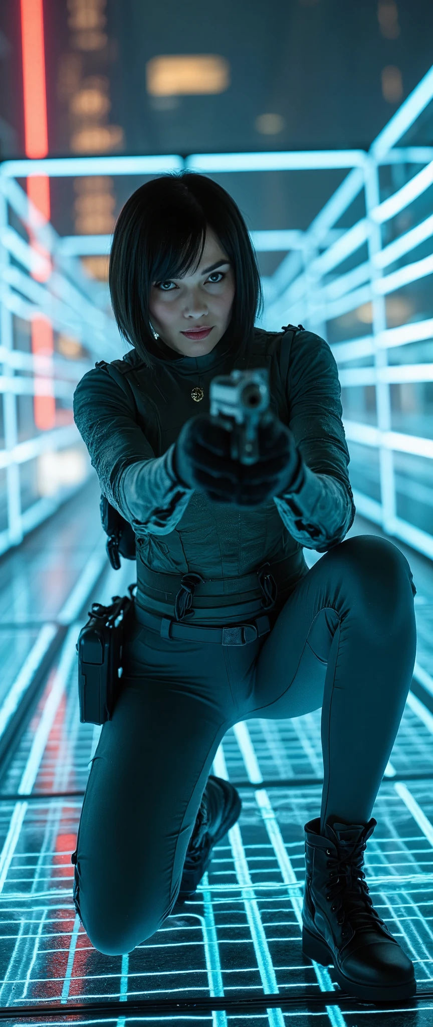 (masterpiece:1.2,Exceptional Quality,Mirror-like, movie-like experience, photorealistic:2.0, RAW Photos:2.0,Super detailed),8k,wallpaper,,(One Woman:2.0),(Ghost in the Shell worldview :2.0),( grey tactical bodysuit:2.0),(heavy grey bulletproof vest :2.0),(Grey Gloves:2.0),( short bob:2.0),( beautiful eyes),(Detailed face),( detailed female hands :2.0),(Super sexy:2.0),(Stand on one knee and point a handgun at the camera.:2.0),(Raise your right knee:2.0)(square line hologram floor :2.0),( square line hologram wall:2.0),(Cyber World:2.0),(SF:2.0),( cyberpunk:2.0),(night:2.0),( cyberpunkシティ:2.0),( look at the camera:2.0),(front:2.0),(Close-up of the gun barrel:2.0),(Serious:2.0)