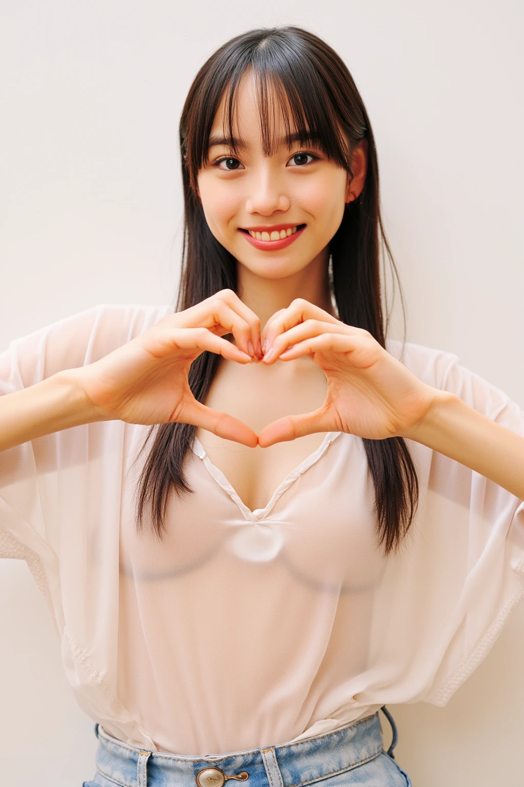 She is in a pose wearing a sexy camisole, making a firm big heart shape with both hands, and holding it in front of her chest, smile

