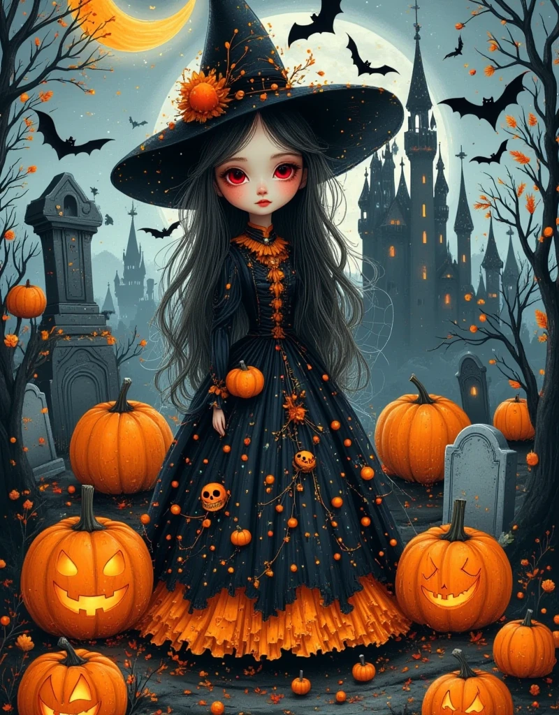 Dark fairy tale ， A beautiful witch ，bjd, mystery，Spooky，gorgeous，Beauty and aesthetics， Delicate Faces ， A giant flower dress ， incorporates various Halloween elements ， The black and orange petals ，Intertwined web 、 A mini skull and a glowing pumpkin face 。 Some petals curl into the bat's wings ， while strange eyes peek outward from the center of the flower， A few little bats hanging on the flower stem 。 Pumpkins and mini tombstones are scattered at the witch's feet ， The mist envelops the ground 。 The warm amber light illuminates the device ， highligh rich texture ， Tim Burton's work 。masterpiece， surrealism ，Crazy details， A beautiful and whimsical art ，Detailed 3D rendering，HD 8K.