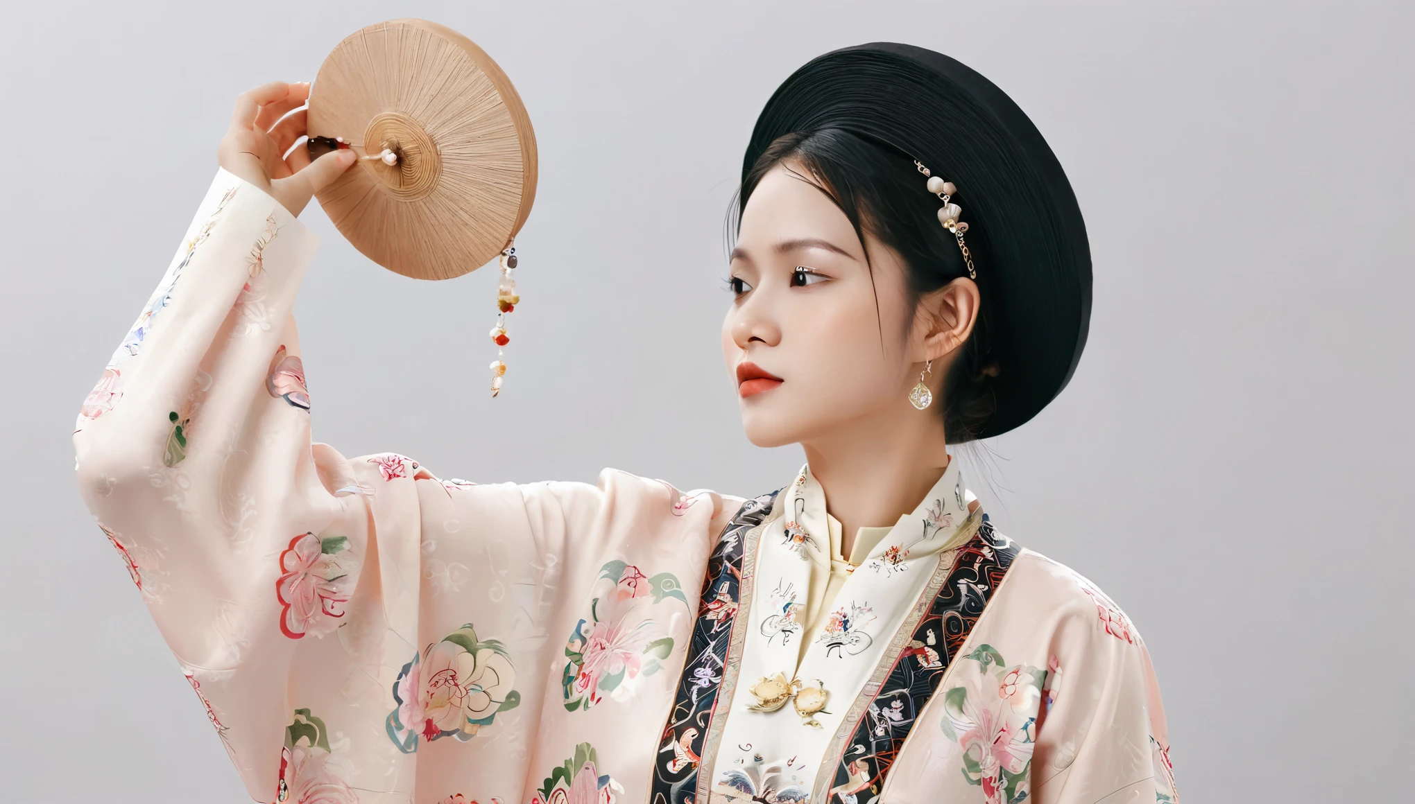 close-up shot to necklace of A beautiful Vietnamese woman wearing a traditional nhat binh clothing and hat, ahanhatbinh clothing
nhat binh clothing
clothes
hat
pants
wide sleeves
long sleeves, adorned with delicate jewelry, in a clear, dreamy, and soft style. The black background is gentle and minimal, with natural lighting creating a pure, serene atmosphere. Her jewelry sparkles subtly, enhancing her graceful beauty. The image is simple yet elegant, capturing the timeless charm of Vietnamese tradition
