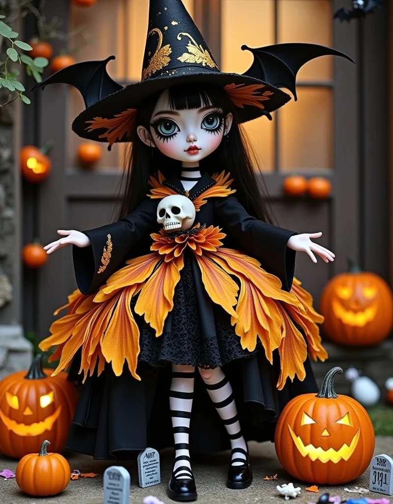 Dark fairy tale ， A beautiful witch ，bjd, mystery，Spooky，gorgeous，Beauty and aesthetics， Delicate Faces ， A giant flower dress ， incorporates various Halloween elements ， The black and orange petals ，Intertwined web 、 A mini skull and a glowing pumpkin face 。 Some petals curl into the bat's wings ， while strange eyes peek outward from the center of the flower， A few little bats hanging on the flower stem 。 Pumpkins and mini tombstones are scattered at the witch's feet ， The mist envelops the ground 。 The warm amber light illuminates the device ， highligh rich texture ， Tim Burton's work 。masterpiece， surrealism ，Crazy details， A beautiful and whimsical art ，Detailed 3D rendering，HD 8K.