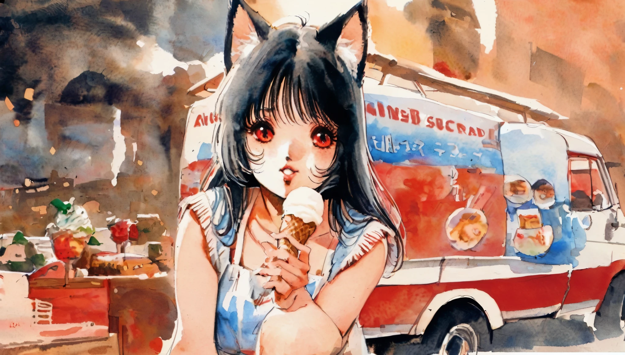  foreground. 1 girl (junkotvvxl black hair, fringe, cat ears, red eyes),  boring expression,  holding an ice cream cone ,   sitting next to an ice cream truck,  masterpiece , The best quality, very aesthetic, absurd traditional media  , watercolor, 1980