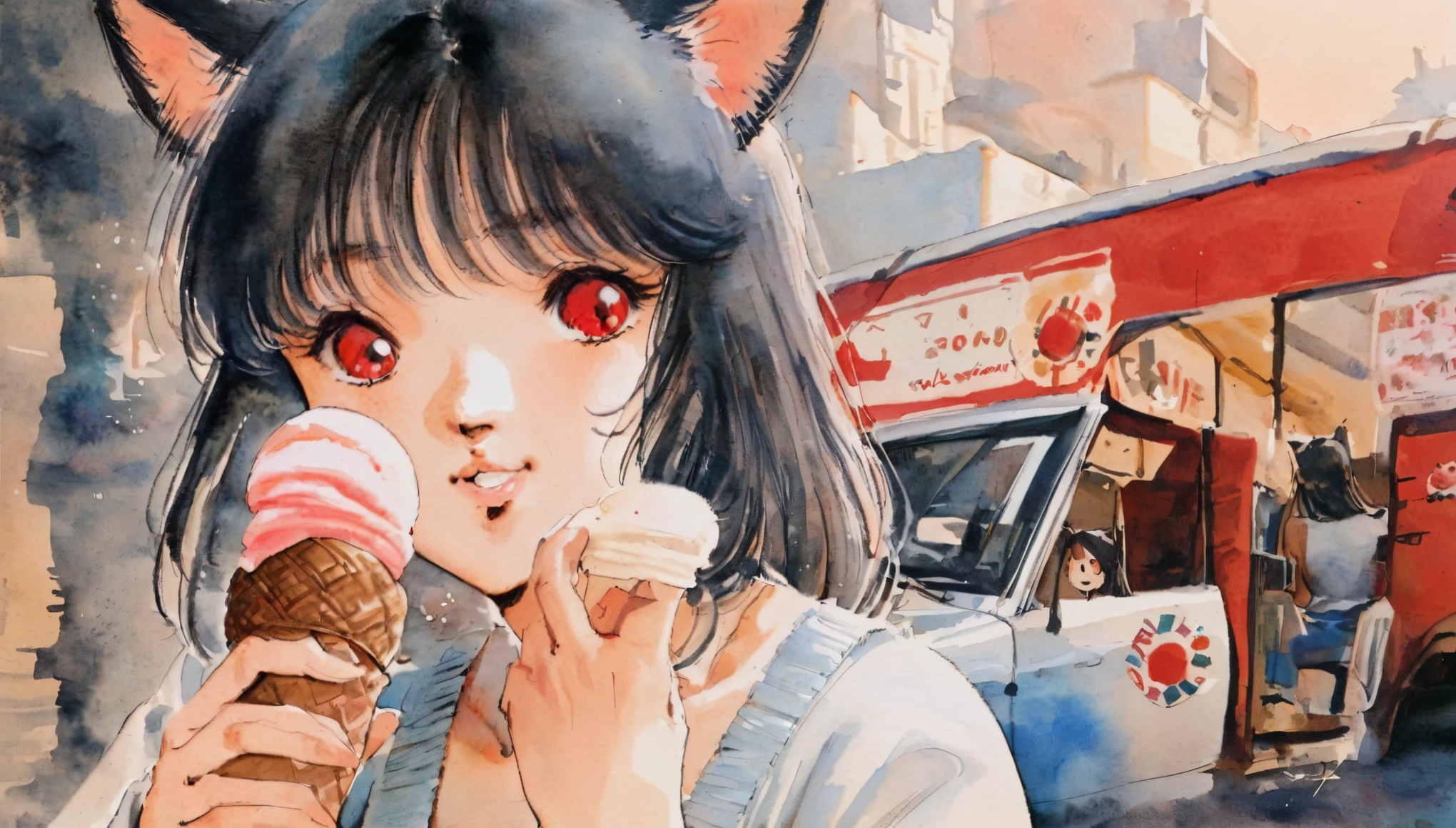  foreground. 1 girl (junkotvvxl black hair, fringe, cat ears, red eyes),  boring expression,  holding an ice cream cone ,   sitting next to an ice cream truck,  masterpiece , The best quality, very aesthetic, absurd traditional media  , watercolor, 1980