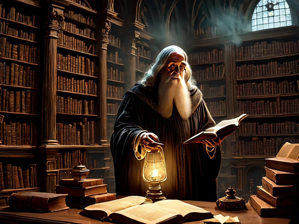 A ghostly scholar appearing in an old, dimly lit library filled with ancient books and wooden shelves. The ghost is a translucent figure of an elderly man dressed in a Victorian-era suit, with a faint bluish glow emanating from his form. He is holding an old leather-bound book, with spectral fingers gently turning the pages. The library is filled with tall, dusty shelves, ornate wooden furniture, and scattered manuscripts. A faint mist lingers in the air, and a soft, ethereal light illuminates the ghost's figure, casting eerie shadows across the room. The atmosphere is mysterious and timeless, with a sense of forgotten knowledge.