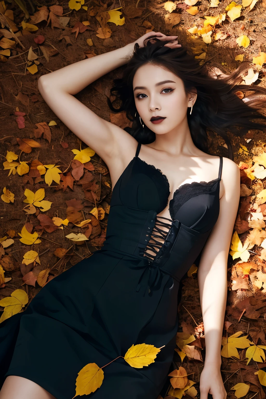  1 girl, ( She's wearing a gothic black dress :1.2), ( gothic makeup ),  A very beautiful portrait of a Japanese singer , (RAW Photo Best Quality), (Realistic, Realistic:1.4), (masterpiece), 
 very detailed , 2k wallpaper, wonderful, finely,  very detailed ,  CG Unity 8k Wallpaper ,  very detailed ,  Kampala, Soft light, 
 A beautiful girl carefully drawn in every detail ,  very detailed な目と顔, A beautiful and elegant nose,  beautiful beautiful eyes, Cinema Lighting, 
(Girl full body silhouette:1.2), ( She's lying on fallen leaves covered like a carpet:1.2), ( Background of scattered fallen leaves surrounding a decaying castle), (Autumn leaves shining in the transmitted light of sunlight ), ( A vivid screen with intense contrasts ),
( medium hair), (Disheveled hair spreading on the ground :1.2), 
 perfect anatomy, Slender body, Small breasts, Thin legs