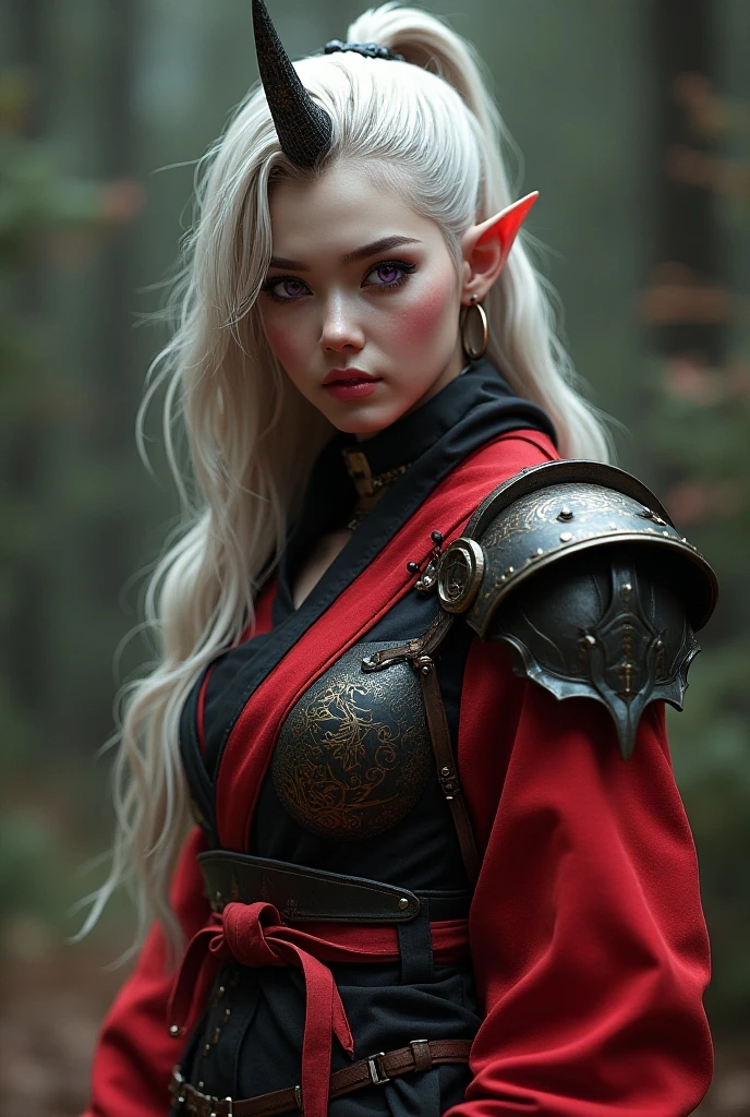 A beautiful, attractive Ogre girl, one Horn, wearing cyberpunk  design armory, (wearing a oriental Japanese red color ainu clothing,)  photo shoot, high quality details, Character Sheet Full-Length, High Resolution, Looking at viewer, Long Hair, Breasts, Blonde Hair, Black Hair, silver Hair, Purple Eyes, Pointy Ears, perfect anatomical details,( Christmas costume & background designs),Unreal Engine, Realism,  Social Media Composition, wearing a  cyberpunk battle armor,Character Sheet Full-Length, photo realistic  details, 