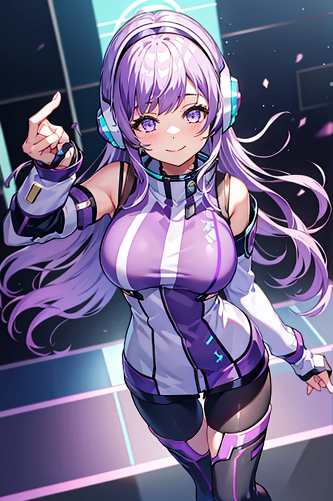 
Thighs、tights、chest、smile、 light purple hair 、 1 girl、 solo girl 、income、 headphones、tablet device、mecha girl、 Hot Pants 