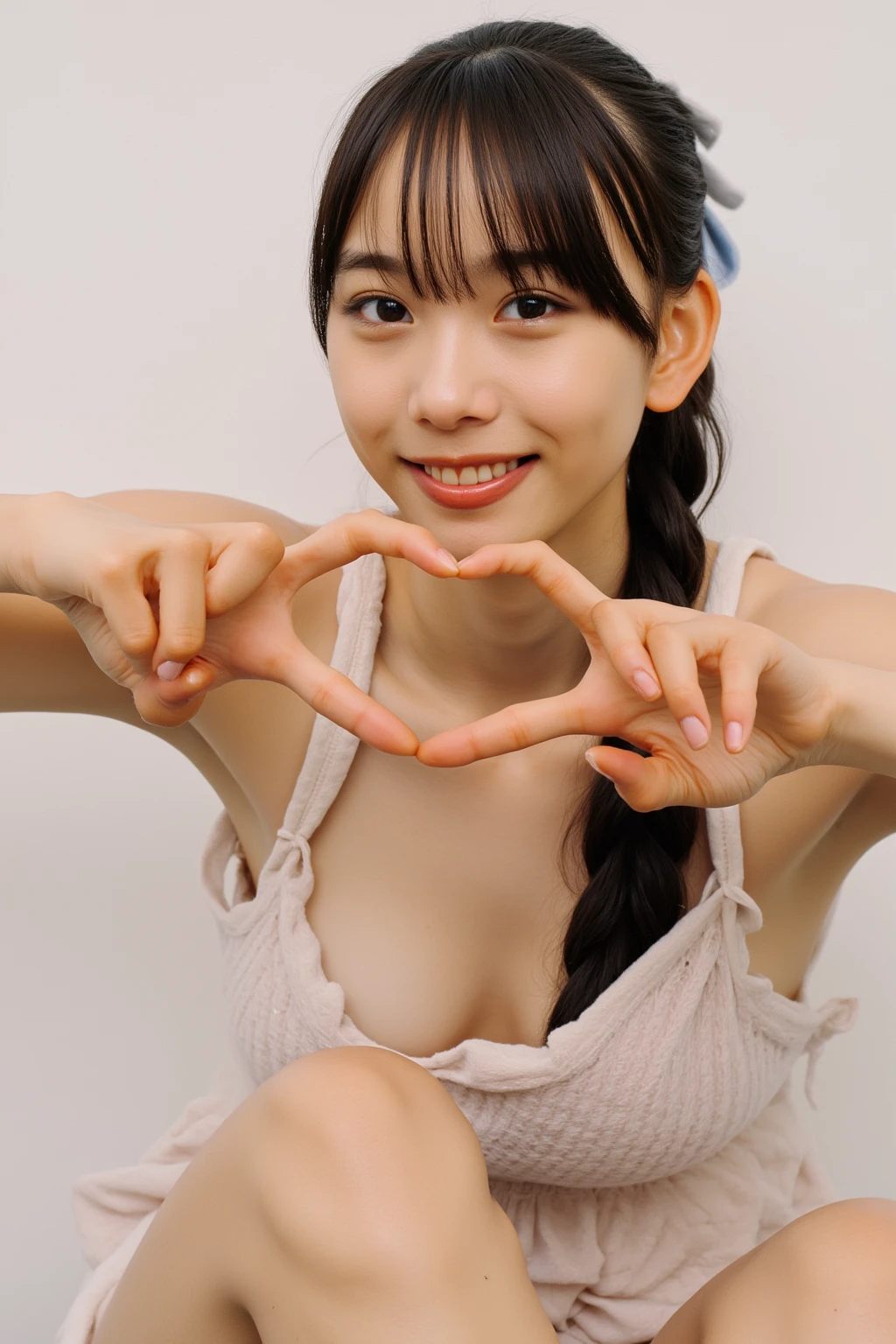 She is in a pose wearing a sexy camisole, making a firm big heart shape with both hands, and holding it in front of her chest, smile

