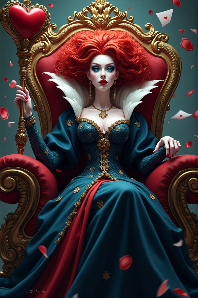(Red curly hair),Queen,Queen服饰,Holding the love scepter,Red lipstick,(the red queen,迪士尼Villain),Big Head,Pale skin,Villain,Sitting on the throne,Accessories,poker,Blue Eyeshadow