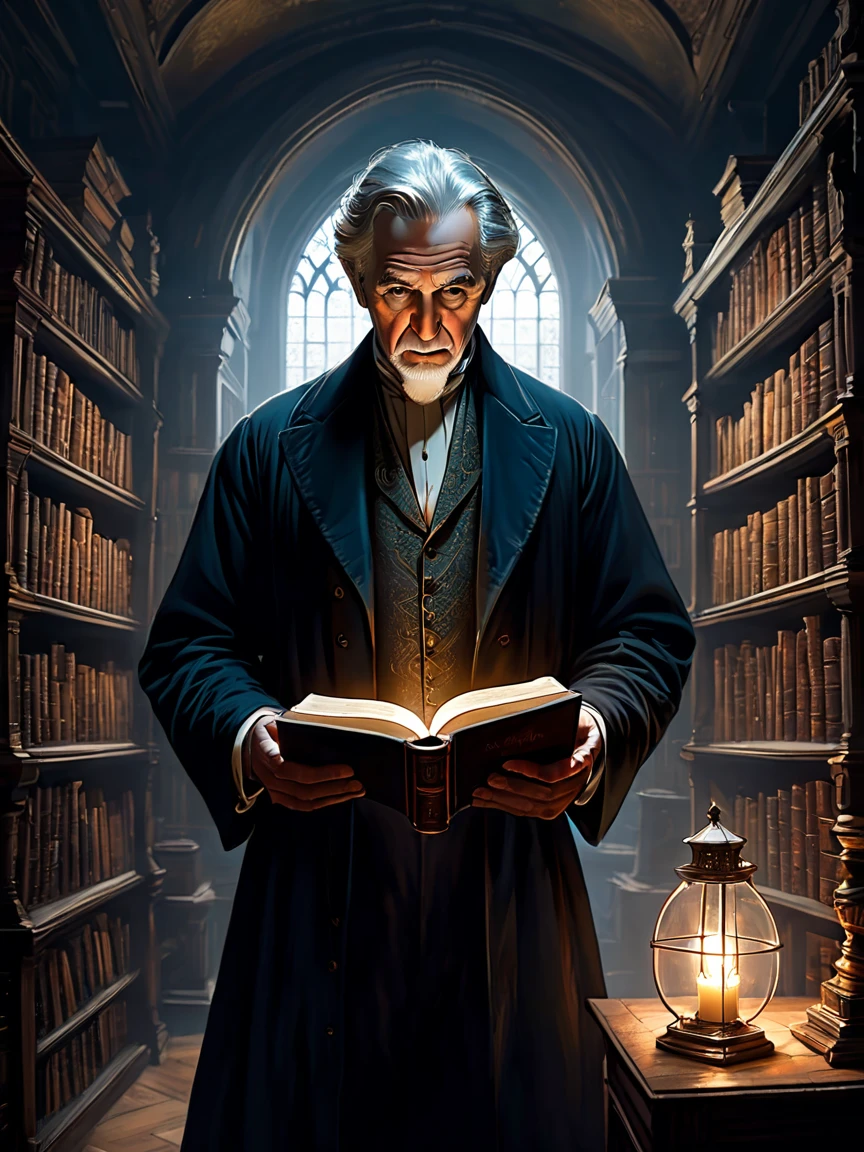 (masterpiece, best quality, very aesthetic, absurd), (8k, RAW photo, highly detailed 8k wallpaper),
The ghost of a scholar appears in a dark library lined with old books and wooden shelves late at night. The ghost is an older man in a Victorian suit. His figure is translucent, with a bluish light emanating from his entire body. The view inside is visible through his figure. He is holding an old leather-bound book, gently turning the pages with his fingers. The library is lined with tall dusty shelves, decorative wooden furniture, and scattered manuscripts. A faint mist hangs in the air, and a soft, ethereal light illuminates the ghostly figure, casting eerie shadows across the room. The atmosphere is mysterious and timeless, with a sense of forgotten knowledge. Spooky atmosphere, dynamic angles.