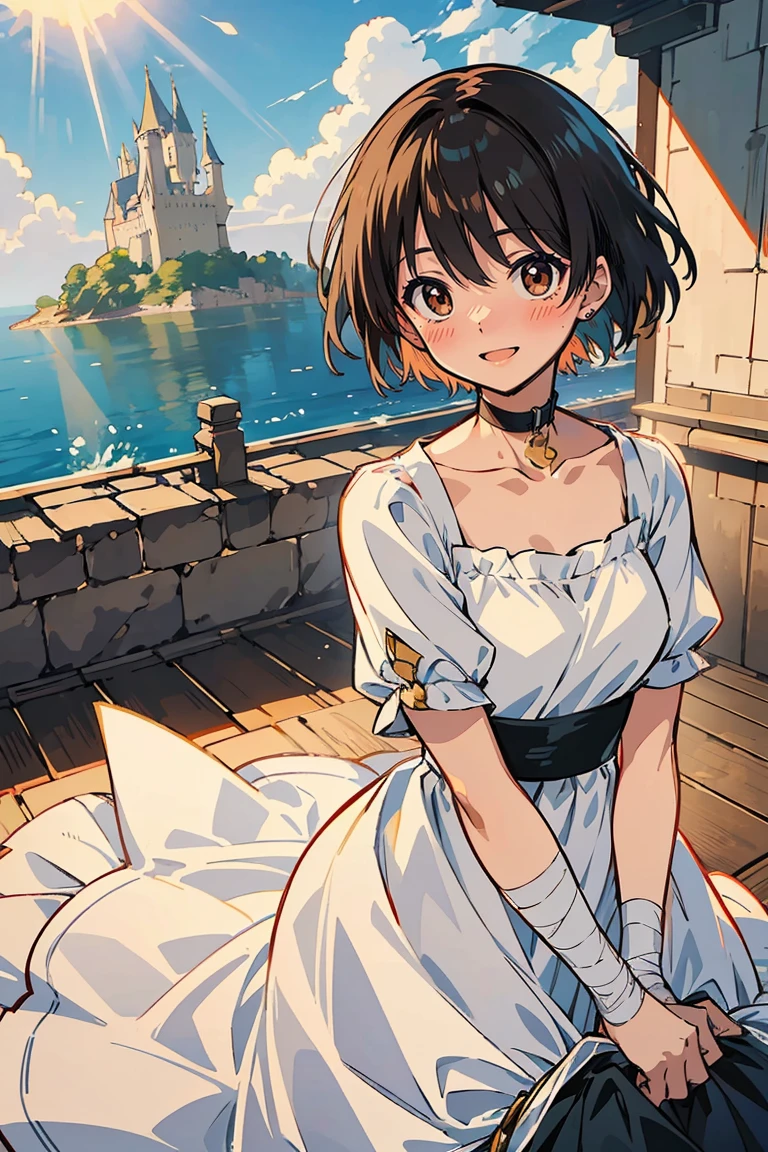 (masterpiece:1.2), (high quality:1.2), hasuichi nishizono, girls with((1girl, solo, solo, collar, collarbone, white clothes + blue dress + bandages on arms + short sleeves, brown eyes, black hair, right swept bangs, wavy medium hair, smiling, opened mouth, background by((camelot kingdom, castle, sky, sea, shining sunlight, august 12))