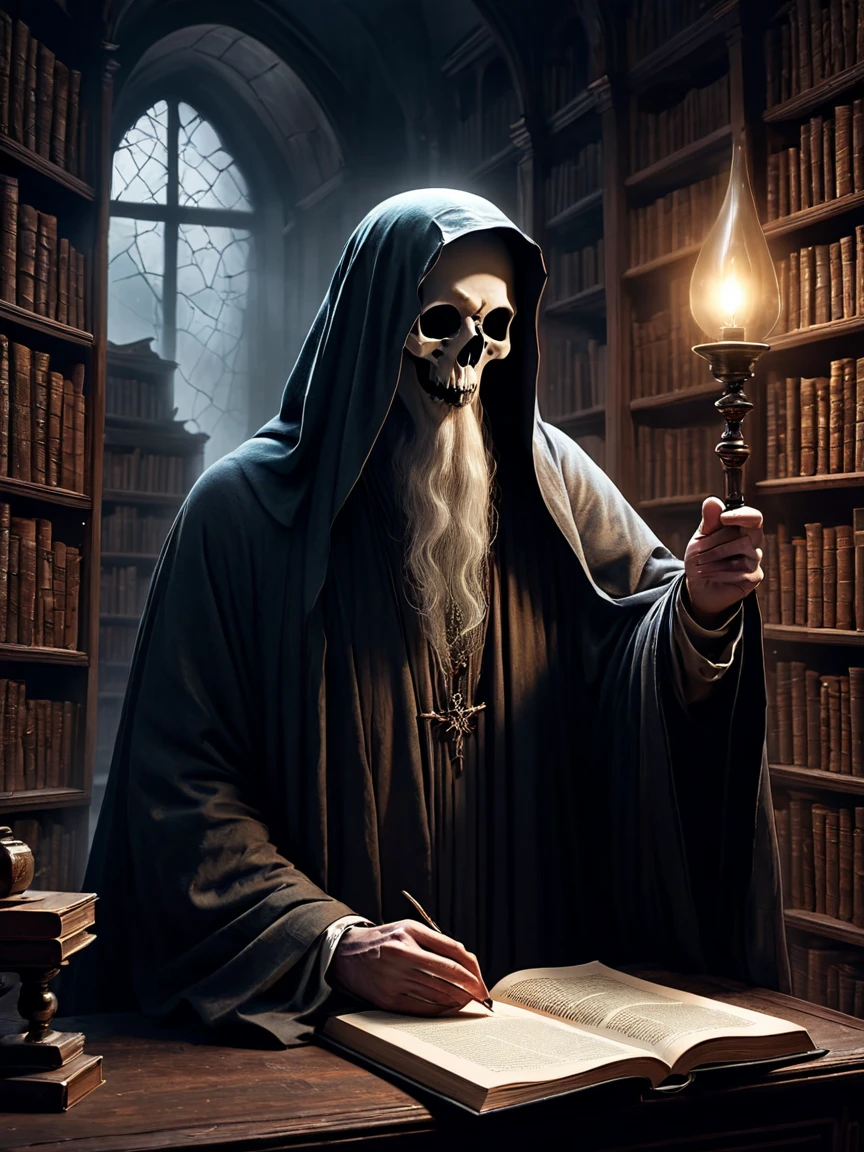 (masterpiece, best quality, very aesthetic, absurd), (8k, RAW photo, highly detailed 8k wallpaper),
The ghost appears in a corner of an old library, in the form of a former scholar. He is translucent and holds an old book, emitting a faint glow. In the background, there are tall bookshelves and heavy wooden furniture. The ghost's pale light emerges in the dim space, and the pages of the book turn by themselves. His expression is calm, as if he is still searching for knowledge. Spooky atmosphere, dynamic angles.