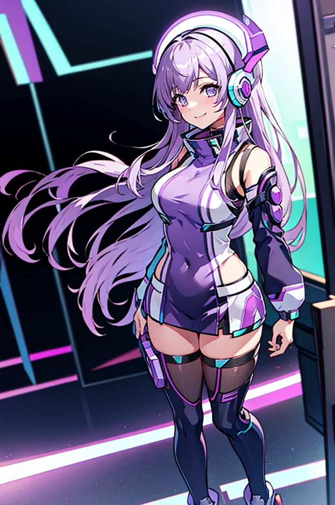 Thighs、tights、chest、smile、 light purple hair 、 1 girl、 solo girl 、income、 headphones、tablet device、mecha girl、 Hot Pants 