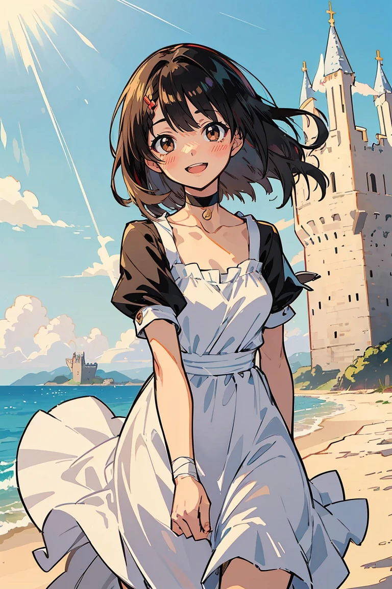 (masterpiece:1.2), (high quality:1.2), hasuichi nishizono, girls with((1girl, solo, solo, collar, collarbone, white clothes + blue dress + bandages on arms + short sleeves, brown eyes, black hair, right swept bangs, wavy medium hair, smiling, opened mouth, background by((camelot kingdom, castle, sky, sea, shining sunlight, august 12))