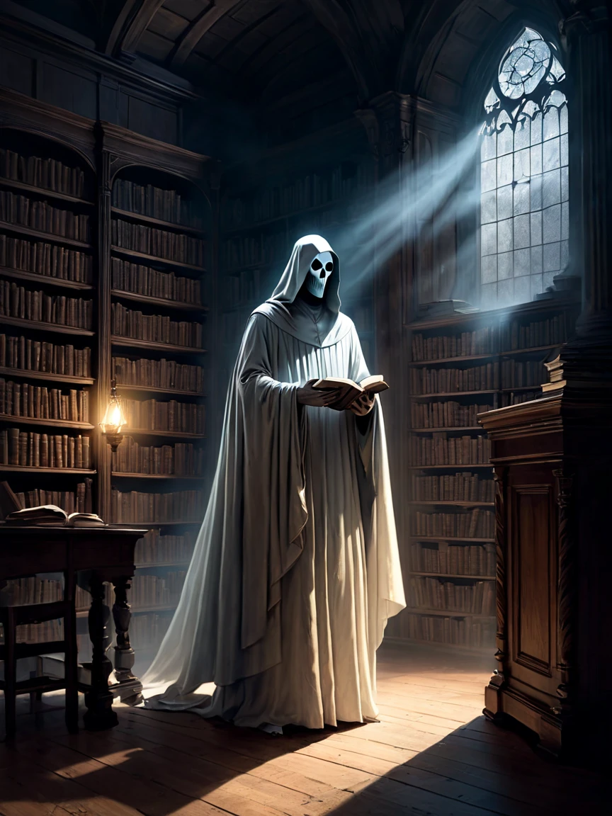 The ghost appears in a corner of an old library, in the form of a former scholar. Not human, he is a pale, translucent mist-like figure holding an old book and faintly glowing. In the background, there are tall bookshelves and heavy wooden furniture. The ghost's pale light emerges in the dim space, and the pages of the book turn by themselves. His expression is calm, as if he is still searching for knowledge. Spooky atmosphere, dynamic angles.