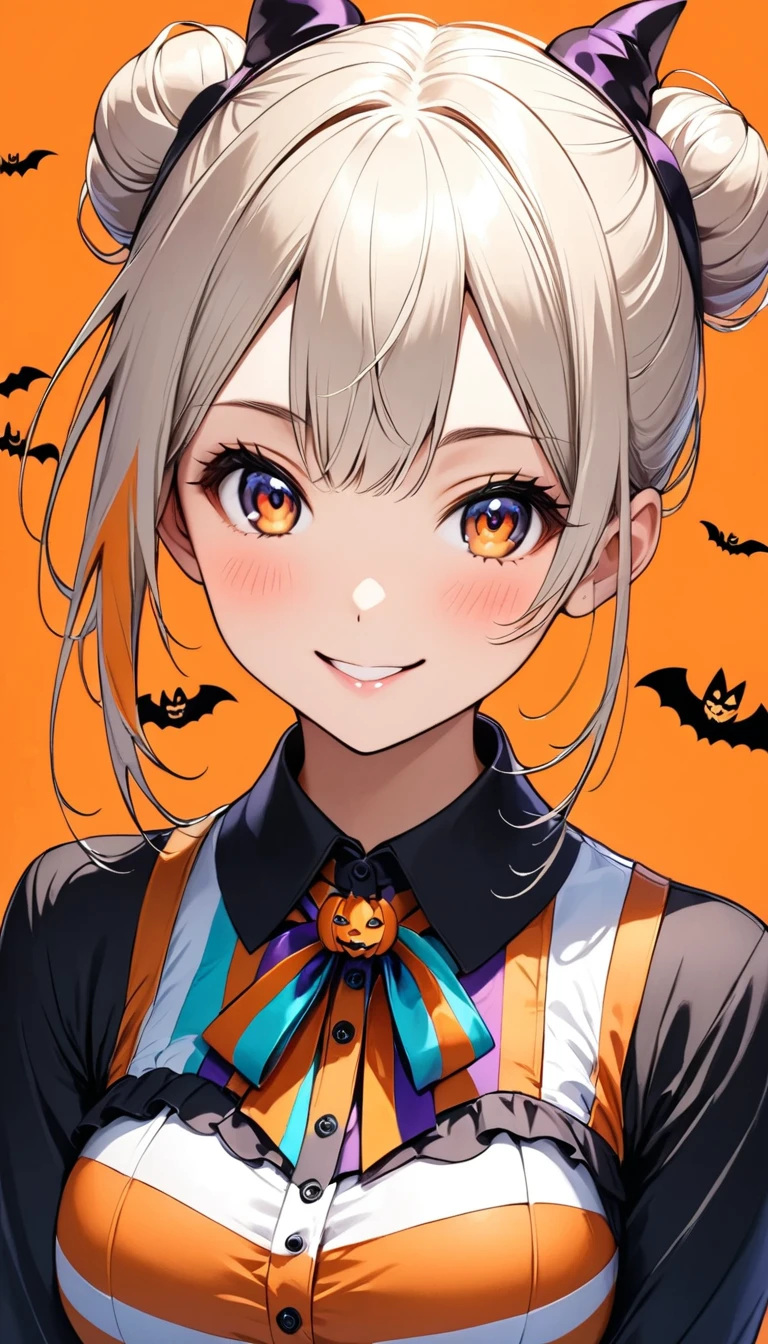 1girl, solo, single hair bun, smile, hair bun, blush, shirt, looking at viewer, upper body, simple background, orange background, striped clothes, breasts, long sleeves the one Halloween