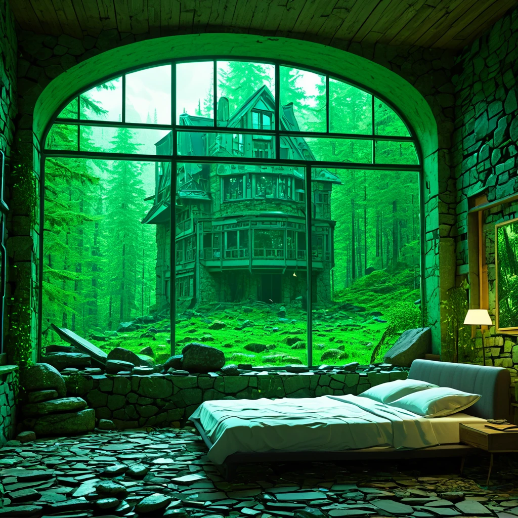 The skinny young woman horny in a bedroom with a large window, Cyberpunk, broken, there is a dense primeval forest with a lot of vintage house building pictures, cyberpunk, broken, there are a lot of stones, green lush forest background, thick tree background, large meadow, arena background, game background, exaggerated forest background, cartoon style