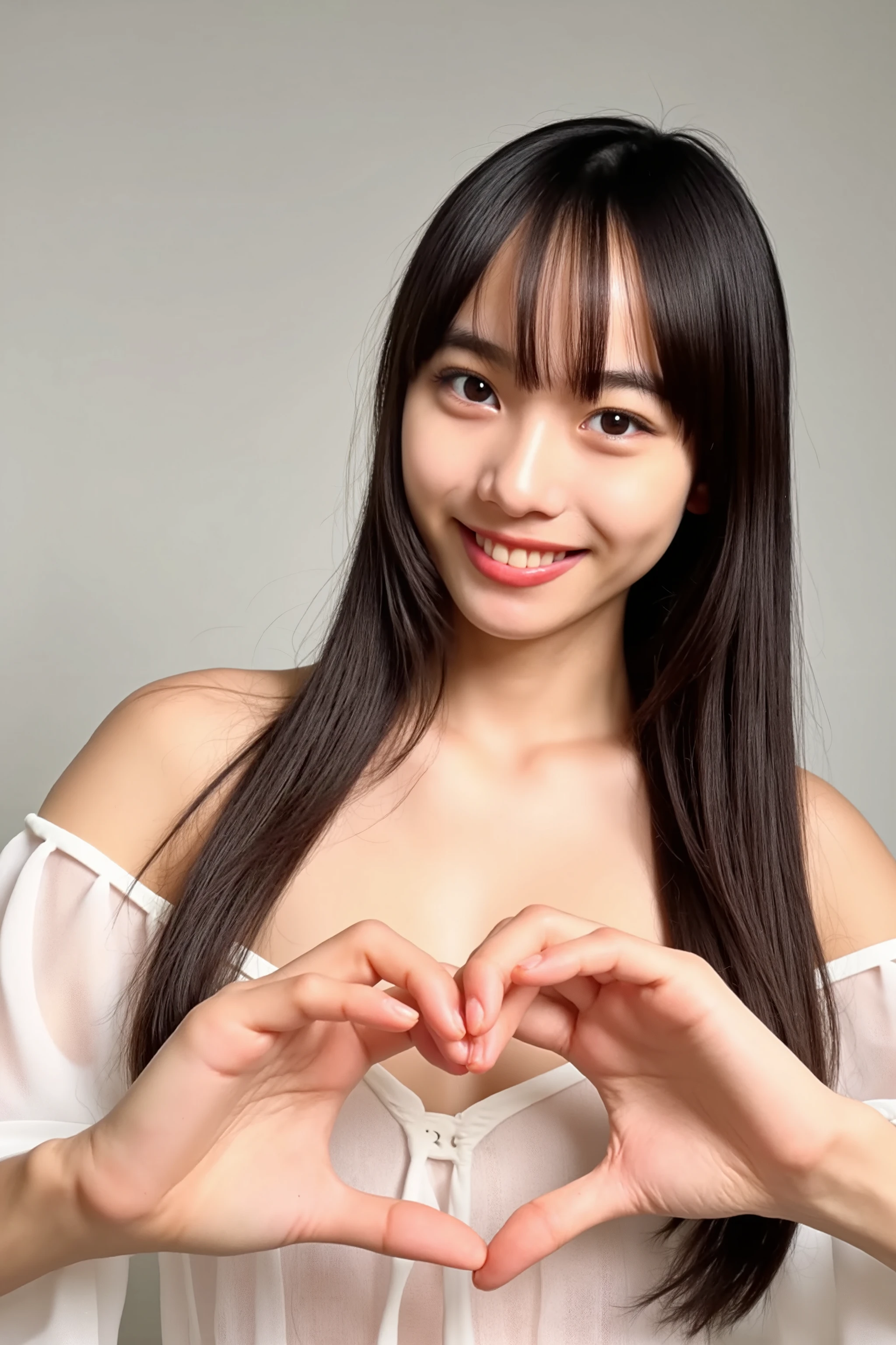 She is in a pose wearing a sexy camisole, making a firm big heart shape with both hands, and holding it in front of her chest, smile

