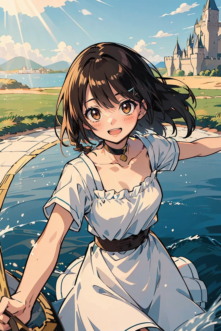 (masterpiece:1.2), (high quality:1.2), hasuichi nishizono, girls with((1girl, solo, solo, collar, collarbone, white and blue dress + camisoles + bandages on arms + short sleeves, brown eyes, black hair, right swept bangs, wavy medium hair, smiling, opened mouth, background by((camelot kingdom, castle, sky, sea, shining sunlight, august 12))