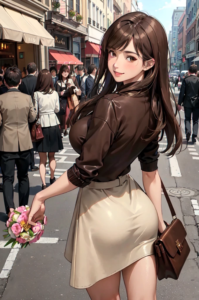 1lady solo, (looking back) (from behind), (strolling through city), brown (stylish outfit), leather skirt, mature female, /(dark brown hair/) bangs, blush light smile, (masterpiece best quality:1.2) delicate illustration ultra-detailed, large breasts BREAK (holding a designer's bag) (holding bouquet) BREAK (luxurious downtown street) outdoors, noon, crowded, detailed background