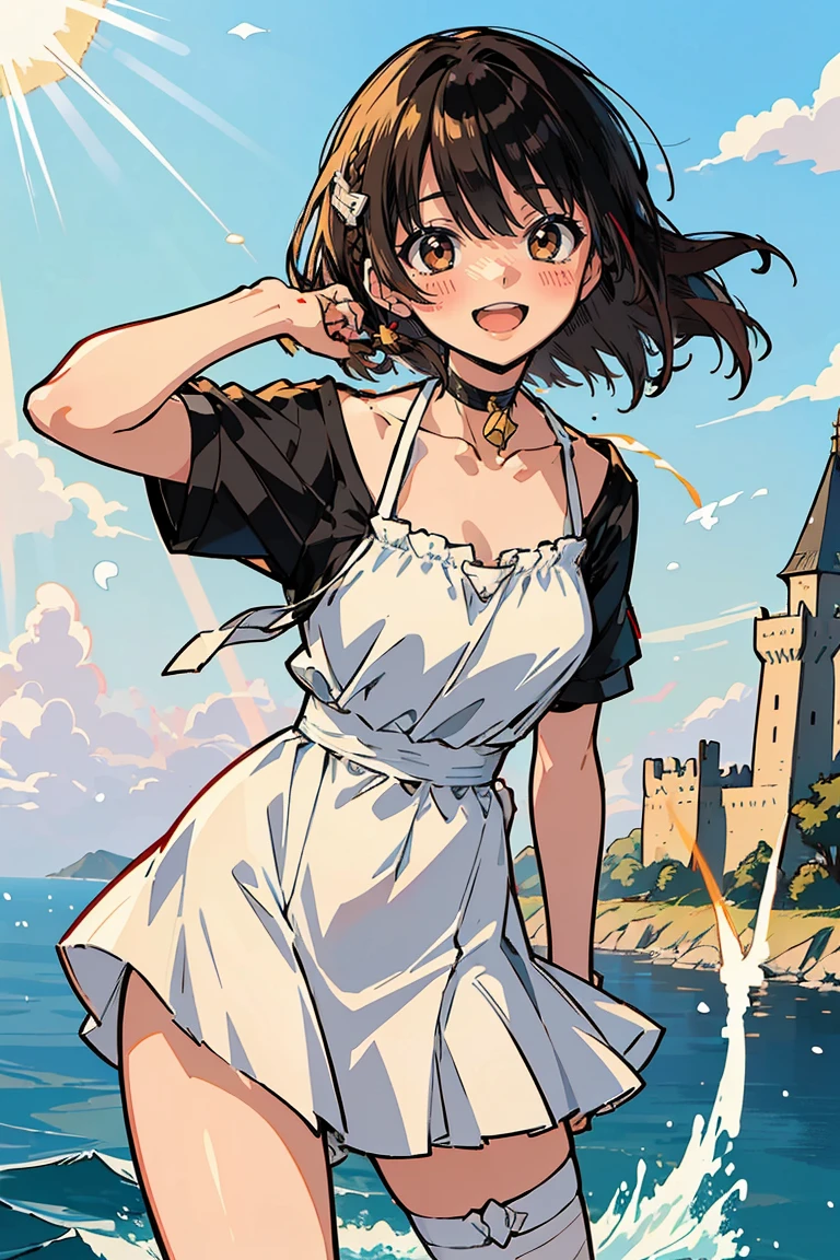 (masterpiece:1.2), (high quality:1.2), hasuichi nishizono, girls with((1girl, solo, solo, collar, collarbone, white and blue dress + camisoles + bandages on arms + short sleeves, brown eyes, black hair, right swept bangs, wavy medium hair, smiling, opened mouth, background by((camelot kingdom, castle, sky, sea, shining sunlight, august 12))