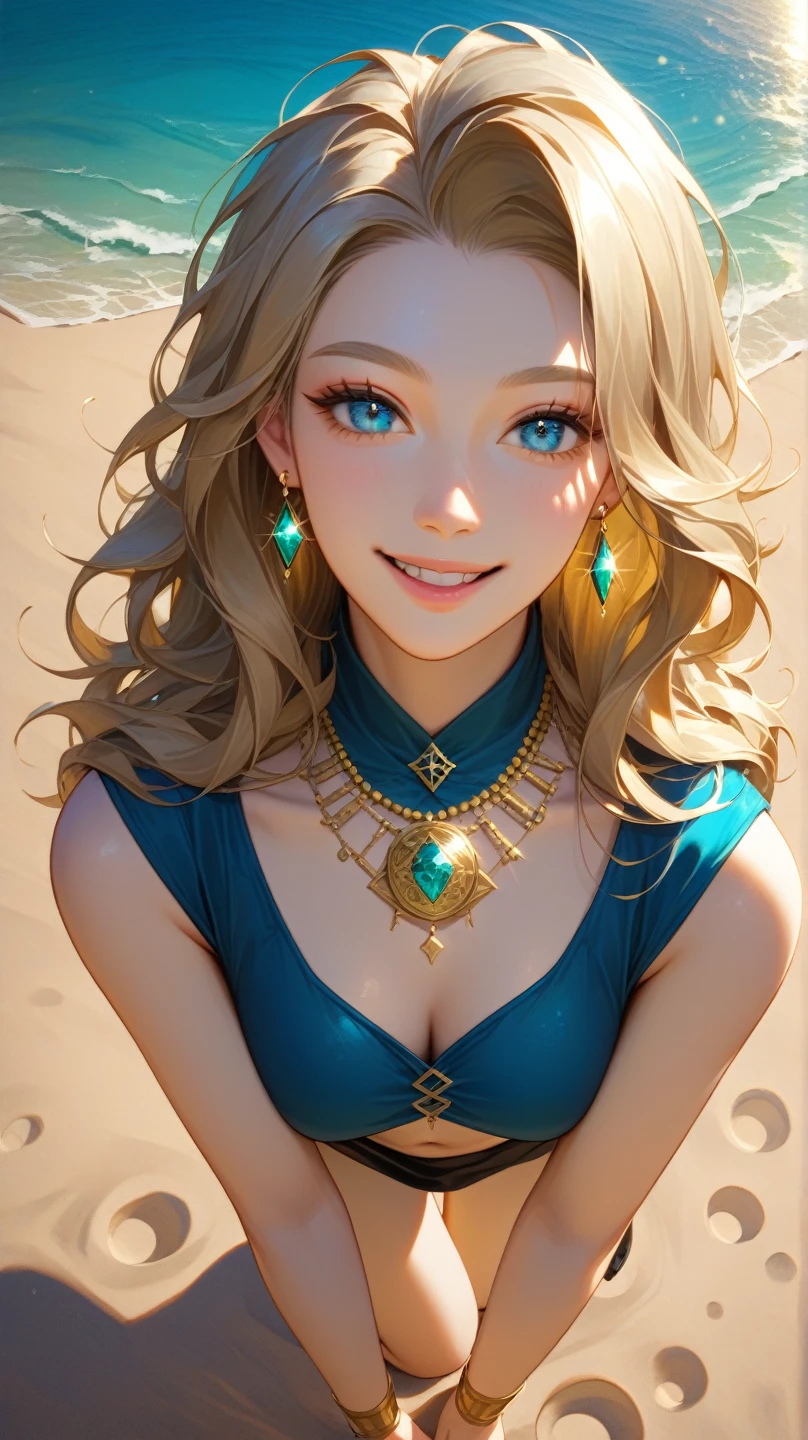 An 18-year-old， Beautiful Sorceress with Asian face ， Golden and shoulder-length hair ， Light brown eyebrows ， blue eyes ， White skin ， Slight Smile ， Silver New Moon Earrings with Sapphire ， Green Crystal On Gold Forehead Necklace Glittering ， Necklace On Neck With A Sparkling Ruby ， High Neck Sleeveless Dark Blue Top With Gold Embroidery， Reveals Slim Belly And Slim Arms ， Purple With Phnom Penh Cloak Flowing In The Wind ，} Black Skirt With Phnom Penh ，High slits on both sides ， Feet Black Boots With Gold Patterns ， Hands open outwards ， The palms of the hands sparkle ， on the right summoning a lion made of sand and a giant cobweb snake made of sand， to the left summoning a bear made of sand and a giant scorpion made of sand ，Also on the back are three sun rollers ， Full moon hanging high above the desert ， This is a magical scene 