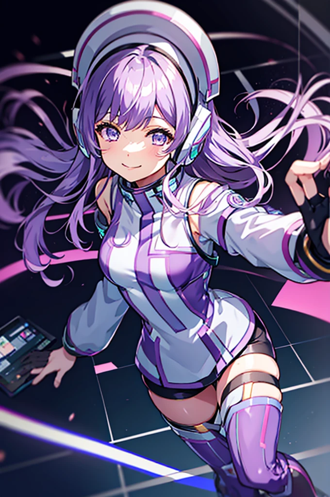 
Thighs、tights、chest、smile、 light purple hair 、 1 girl、 solo girl 、income、 headphones、tablet device、mecha girl、pants