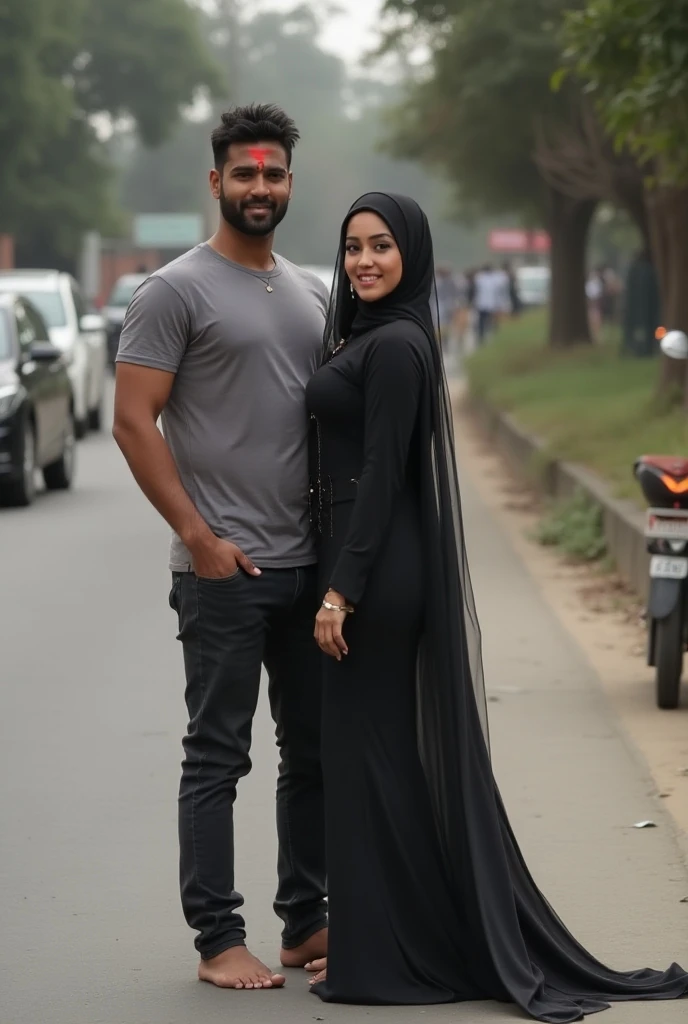 A kurian smart boy white t-shirts and black shirt open Shirt button and black watch in left hand and Her side a hijabi muslim gril hijab color is black this picture is DSLR protet