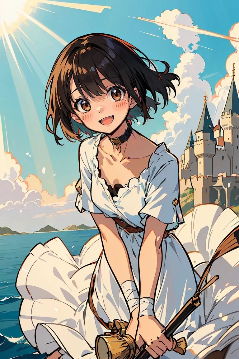 (masterpiece:1.2), (high quality:1.2), hasuichi nishizono, girls with((1girl, solo, solo, collar, collarbone, white and blue dress + camisoles + bandages on arms + short sleeves, brown eyes, black hair, right swept bangs, wavy medium hair, smiling, opened mouth, background by((camelot kingdom, castle, sky, sea, shining sunlight, august 12))