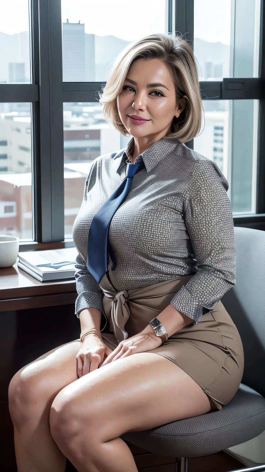 mature korea woman in, 60 years old, Alone, casual hair, Looking at the viewer, GrayBlonde hair, Brown eyes, Jewelry, Full body, (wearing elegant patterned grey tie tube collared shirt), Distant photo, Realistic, A sexy one, beautiful colour, Luxury bed room views, Lots of candle night Views, Perfect skin, 3 bust size, instagram (Realistic, A high resolution),photo size 3:4, 1 cute sexy mature woman, large expressive blue eyes, happy, (8K, raw photo, Best quality, High detail, curvaceous forms, curvy body, She sitting on office, she sat in the office chair , body full of soap suds, smile Extraordinary Pleasure, big windows city night views background