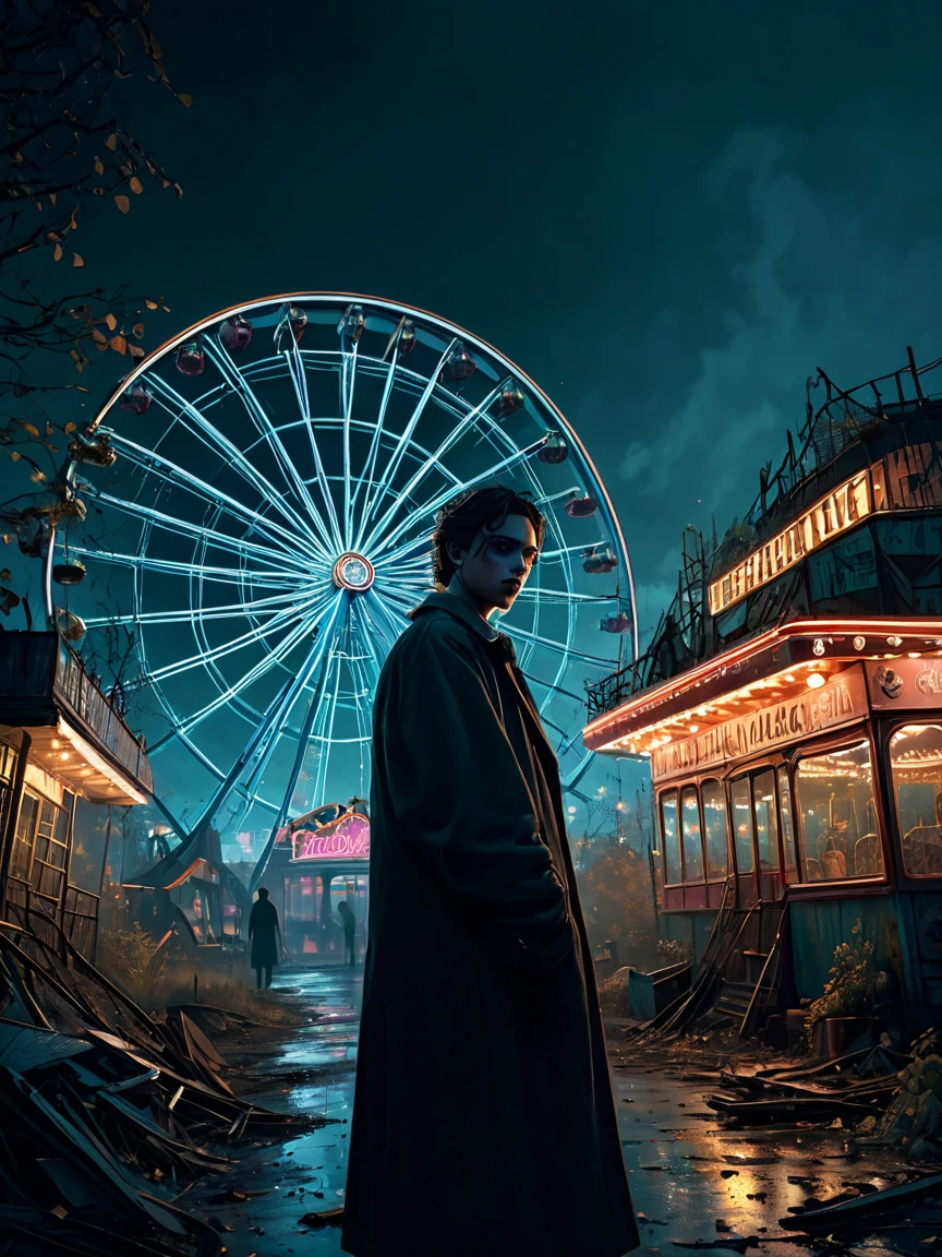 (masterpiece, best quality, very aesthetic, absurd), (8k, RAW photo, highly detailed 8k wallpaper), 1 . 
A ghostly  wandering in an abandoned amusement park at night. The  is a faint, translucent figure glowing with a soft, pale light, dressed in tattered old-fashioned clothing. The setting features a rusted, broken-down carousel nearby, with chipped paint and faded colors. In the background, a dilapidated Ferris wheel looms in the dark, surrounded by overgrown weeds and broken attractions. A light mist drifts through the scene, adding an eerie atmosphere. The ’s expression is melancholic, and the ghostly figure seems to flicker slightly, as if caught between this world and the next, evoking a sense of nostalgia and sadness. Spooky atmosphere, dynamic angles.