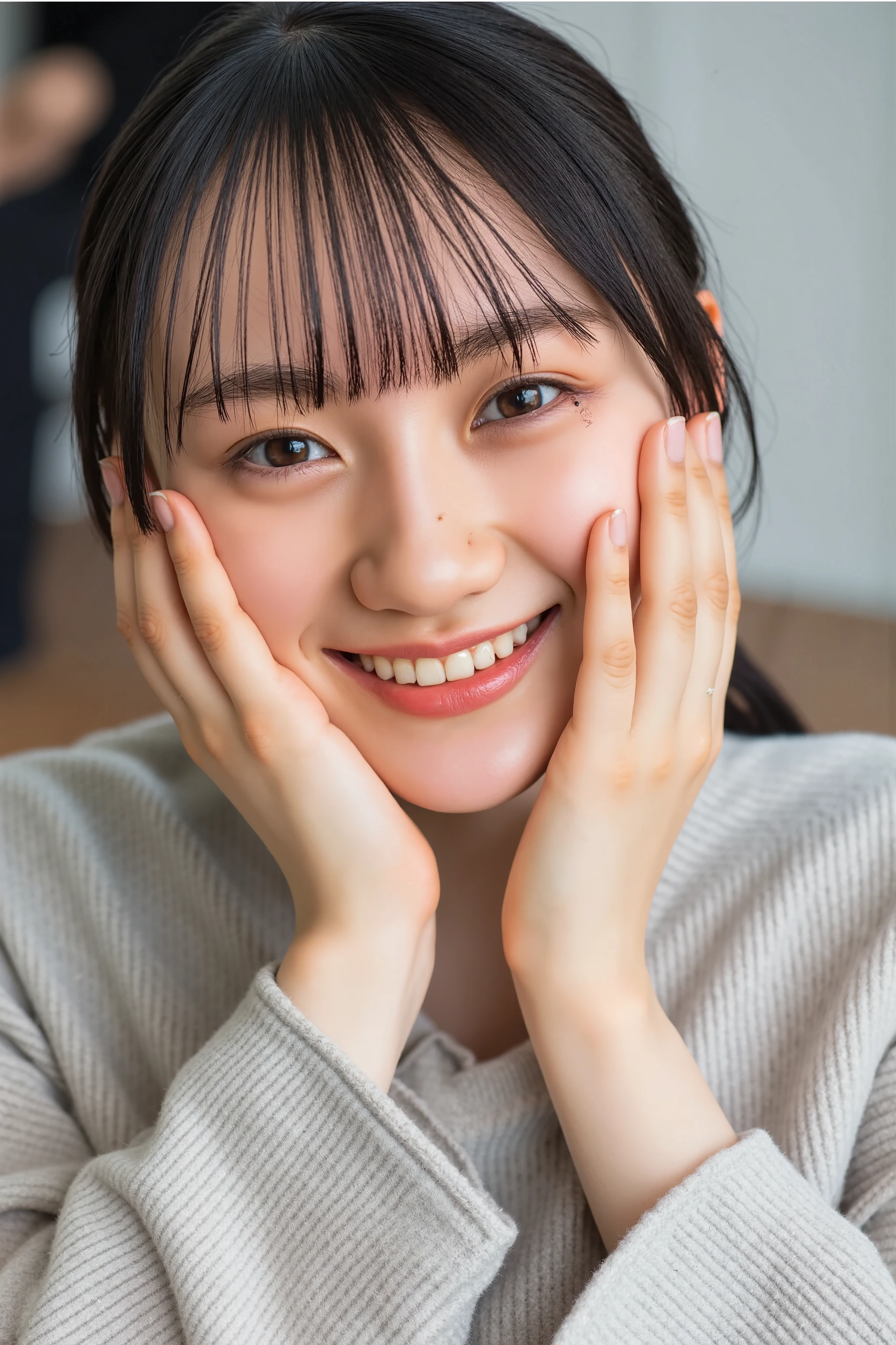 Cute smile pose where you peck your cheeks with both hands ,(8k resolution:1.5), ( Super High Quality :1.4), ( avoid viewers facing realistic skin textures :1.8), (Depiction of pores:1.7), (Fine wrinkles on the skin:1.5),  Realistic pores are clearly drawn on the surface of the cheeks and nose、Light reflects off surfaces, Creates a natural glow. (Skin texture and light reflection:1.6), A smooth shadow is drawn on the forehead and jawline..、Light is evenly distributed across the face (shadow effect:1.4), The lips are a natural pink color with a realistic sheen..、The light reflects softly (Lip Texture:1.3),  Each strand of hair is drawn in detail、Smooth and natural on the shoulders (Hair Details:1.3),  blurry background 、Face stands out ( background blur:1.3)

