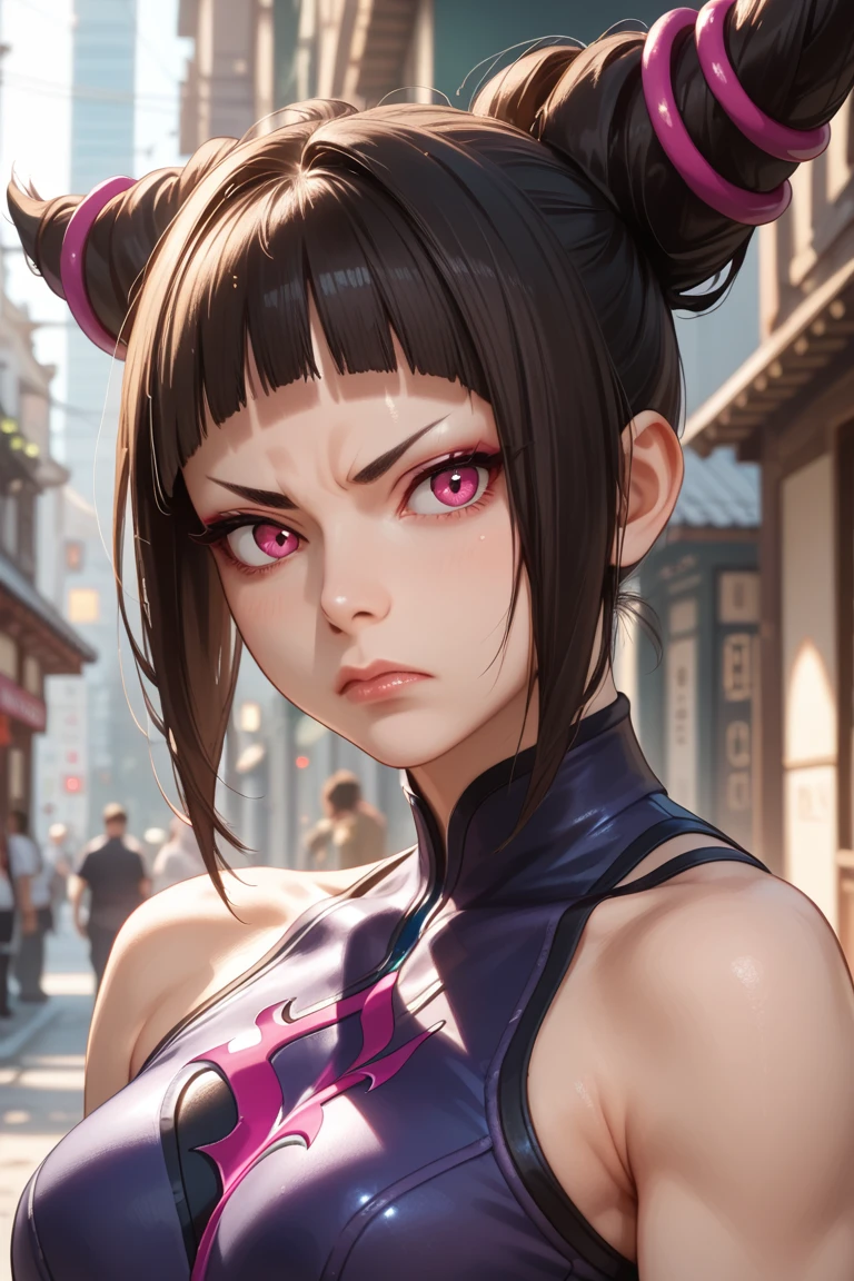 Juri Han ,  street fighter (, Best quality,  ,  I prefer the shadow ), (Detailed background,  looks at the viewer , Seriously., annoyed), detailed face, (best lighting), ((  in cinematic light)), colored,  excessive detail , dramatic light, intricate details