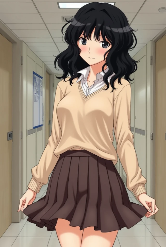 Kaoru Tanamachi(1:2),  super detailed face,  pay attention to the details with the hem of the clothes,  anatomically correct body ( beige knitwear style uniform:1.3), (Dark Brown Skirt:1.1), School corridor, Provoke by showing your stomach(1:10), Lift the hem of the knit(1:5), NSFW