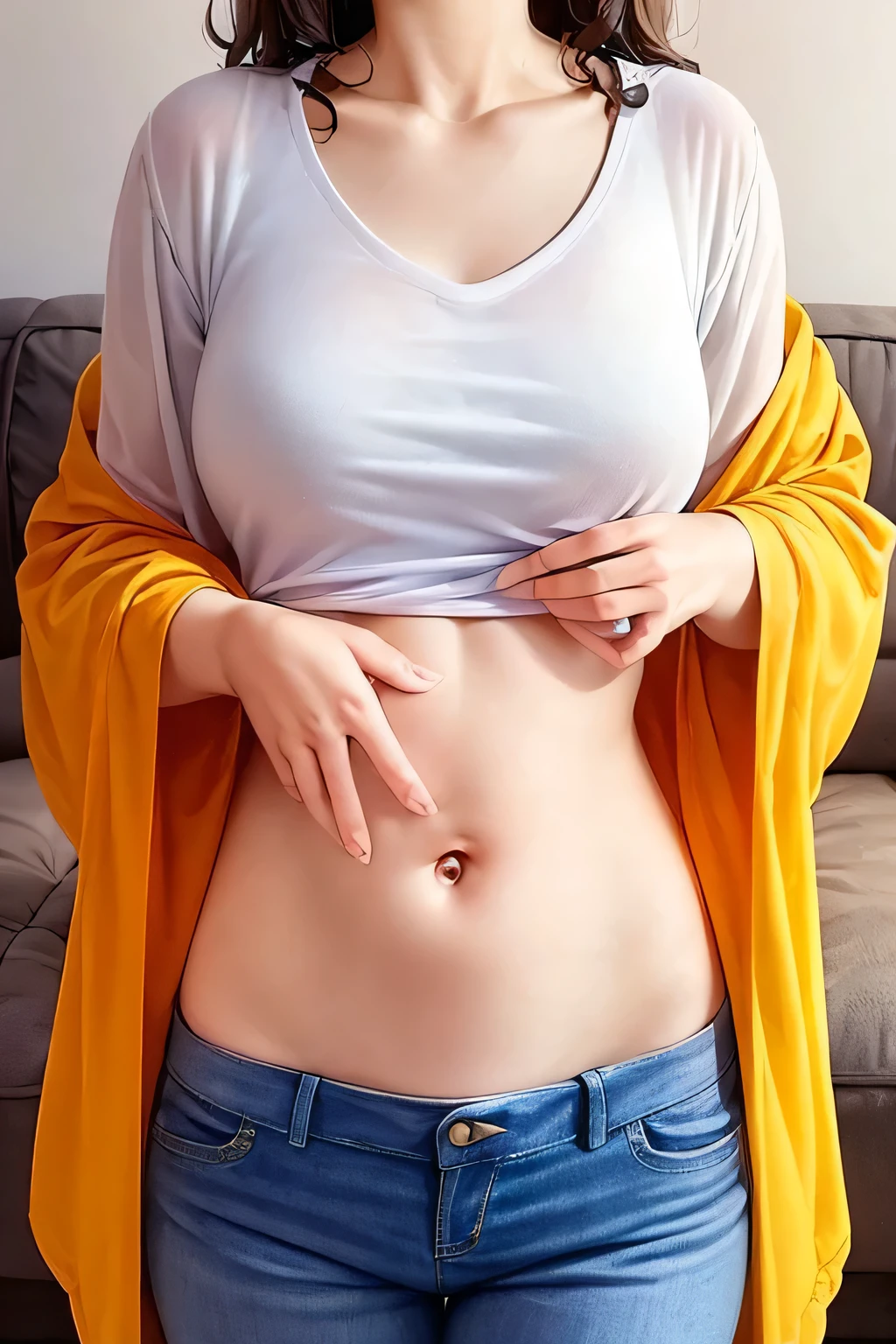 super fine illustration, vibrant colors, masterpiece, sharp focus, best quality, depth of field, cinematic lighting, ultra detailed, blush, annoyed, belly button, navel, hips, 1girl,  looking down, t shirt, short sleeves, frilled long skirt, very long hair, very messy hair, dark brown hair, purse, mature woman, small breasts,