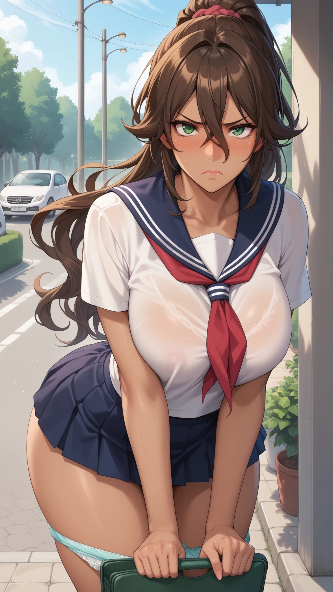 (((medium breasts))), ((best quality)), ((masterpiece)), ((detailed)), (((perfect face))), ((((slender 16yo teenage girl walking)))), (((((topless))))), (((dark blue pleated skirt from waist to thighs))), (((short ponytail))), (((blue eyes))), (((brown hair))), ((shy:1.3)), ((blushing:1.5)), ((skinny thighs)), ((skinny hips)), (((bare arms))), (((bare shoulders))), (((bare stomach))), ((((girl looking away)))), (((car park in background)))