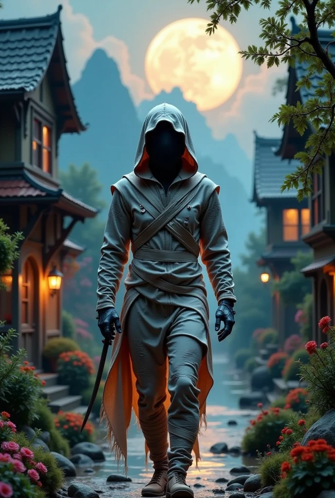 photorealistic of a "mummy"wrapped in bandage, walking in a small village by the river, mountains in the background, floral flowers colorful, detailed landscape, Beautiful natural landscapes, Dark moon atmospheric lighting, scorching moon, dark colours, practical, photopractical, Detailed Foliage, complex buildings, cobblestone street, Charming country house, swirly vibrant colors, lush vegetation, Still water reflections, Picturesque, idyllic, work of art, best qualityer, 8k, extremely detaild,anime styling