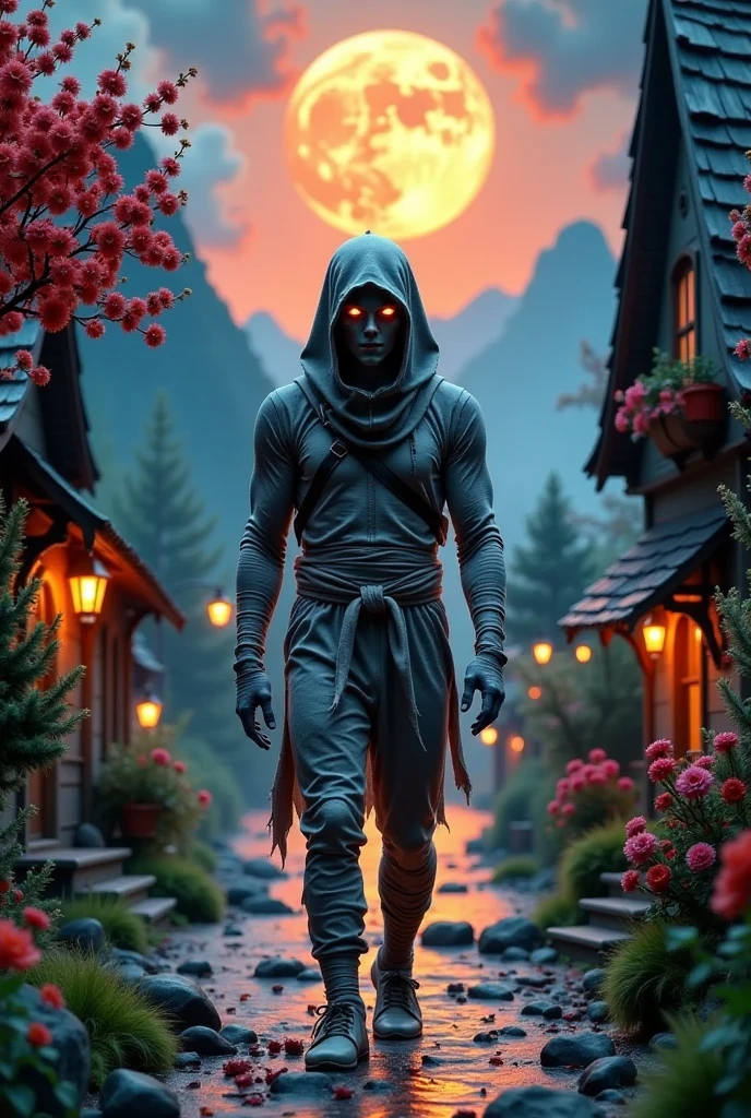 photorealistic of a "mummy"wrapped in roller bandages, walking in a small village by the river, mountains in the background, floral flowers colorful, detailed landscape, Beautiful natural landscapes, Dark moon atmospheric lighting, scorching moon, dark colours, practical, photopractical, Detailed Foliage, complex buildings, cobblestone street, Charming country house, swirly vibrant colors, lush vegetation, Still water reflections, Picturesque, idyllic, work of art, best qualityer, 8k, extremely detaild,anime styling