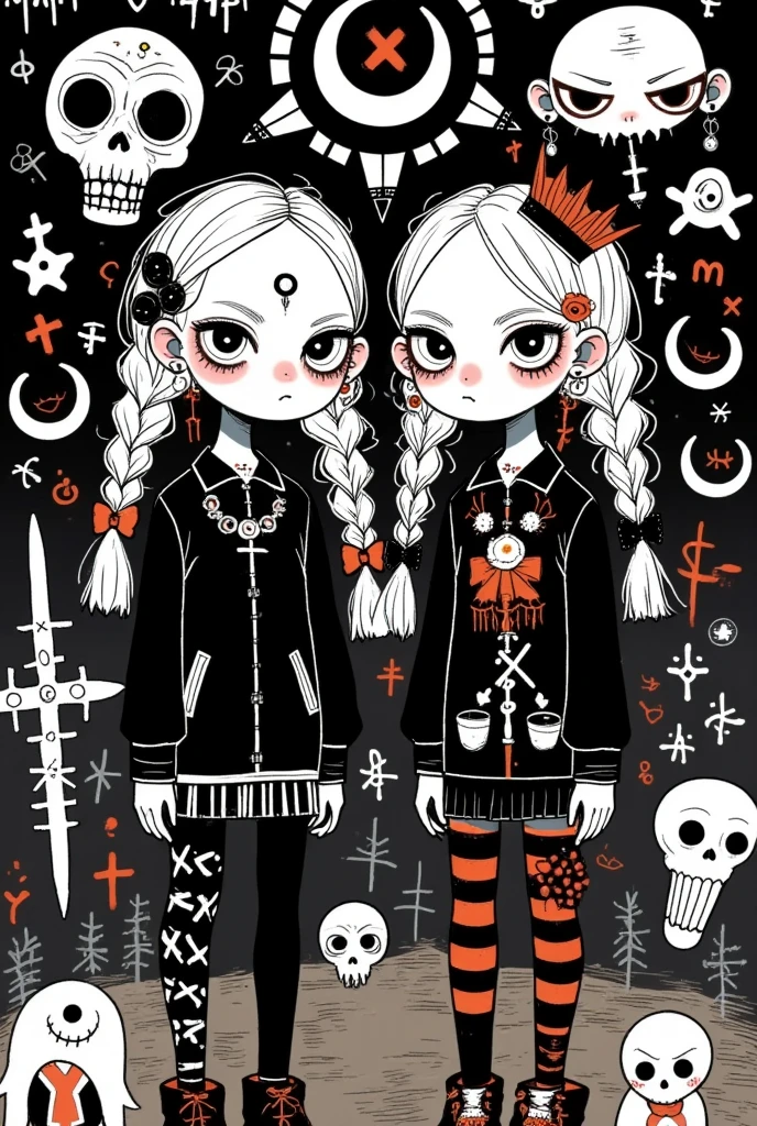 graffiti illustration：Big-eyed twins，Gothic Art Style ，symbol，
﻿