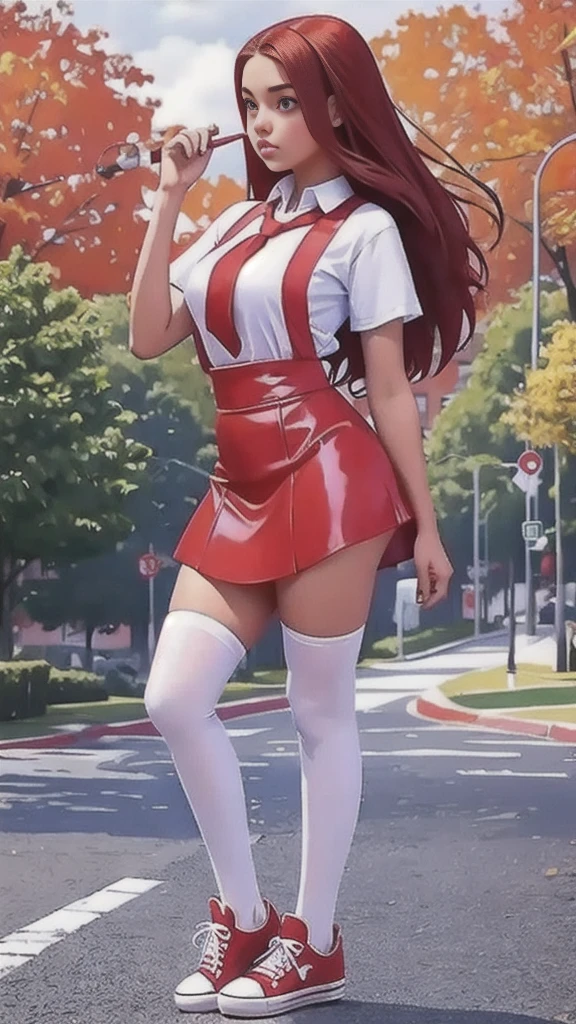 Cute  curvy beautiful teen   schoolgirl ,  beautiful  teen face, red leather skater pinafore dress ,  transparent white blouse, short sleeves, red silk tie , brunette long hair,  beautiful eyes. stockings,  Sneakers,  with skateboard in hand, schoolgirl - standing in the park,   photorealistic , sad face, skater pinafore, leather skater dress, perfect legs, full size figure, perfect legs, frills on dress