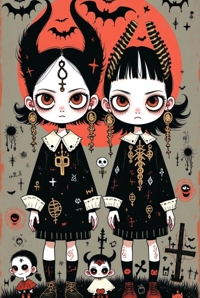 graffiti illustration：Big-eyed twins，Gothic Art Style ，symbol，Halloween theme
