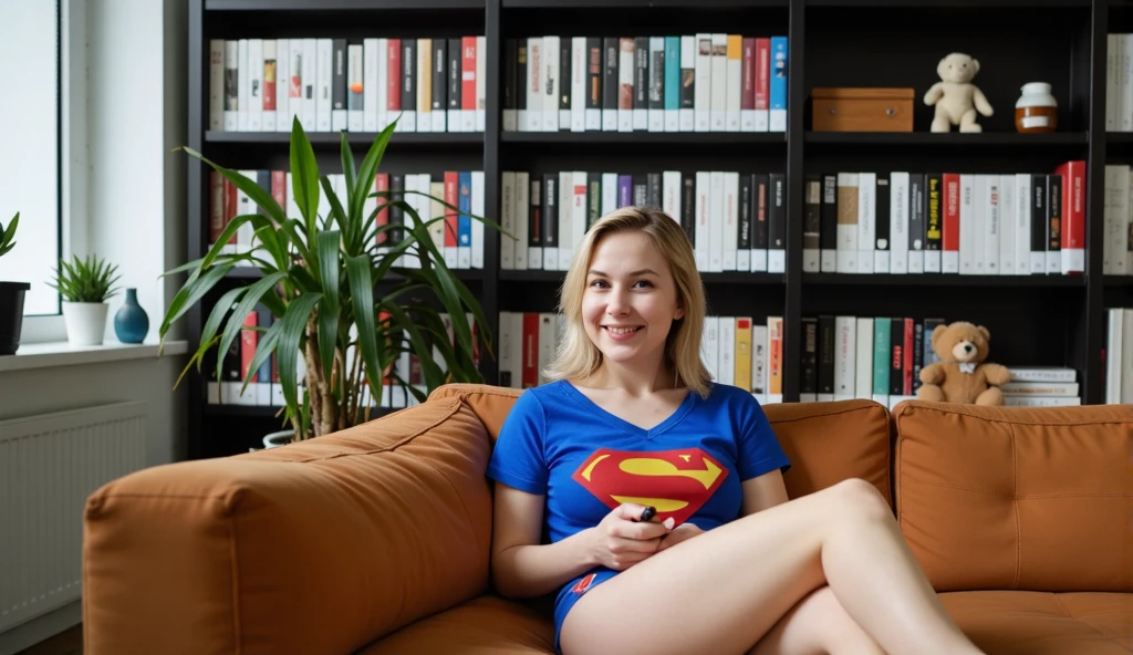 A cinematic still, Supergirl , wearing classic Supergirl pajamas with deep V-neck and sleeping shorts with Supergirl logo on it, seating on a couch with remote control in her hand inside of her living room with a floor to ceiling bookshelf full book two green plants and Teddy bear.