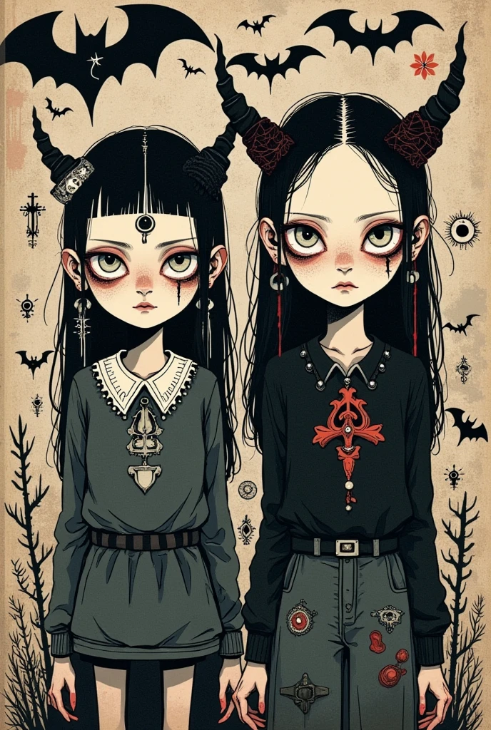 graffiti illustration：Big-eyed twins，Gothic Art Style ，symbol，Halloween theme
