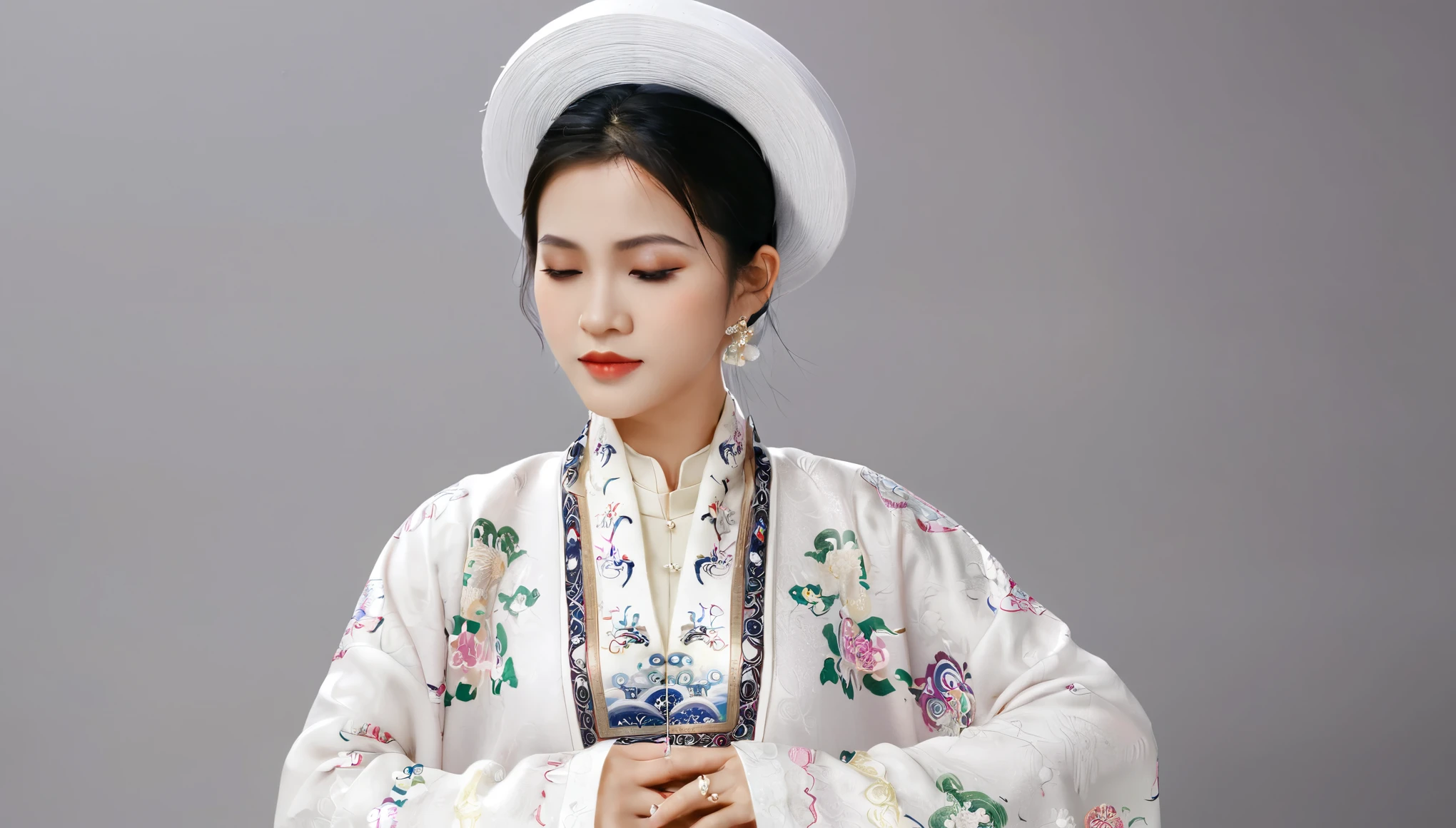 close-up shot to ear ring of A beautiful Vietnamese woman wearing a traditional white nhat binh clothing and hat, ahanhatbinh clothing
nhat binh clothing
clothes
hat
pants
wide sleeves
long sleeves, adorned with delicate jewelry, in a clear, dreamy, and soft style. The black background is gentle and minimal, with natural lighting creating a pure, serene atmosphere. Her jewelry sparkles subtly, enhancing her graceful beauty. The image is simple yet elegant, capturing the timeless charm of Vietnamese tradition
