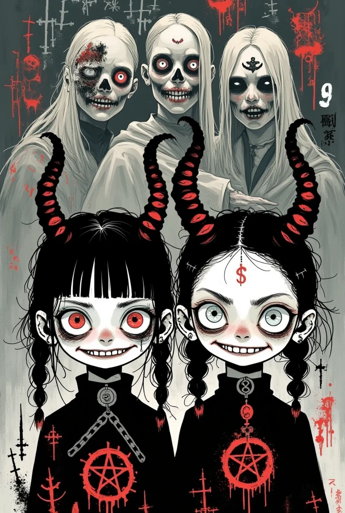 graffiti illustration：Big-eyed twins，Grinning Girl ，Gothic Art Style ，symbol， Halloween theme
