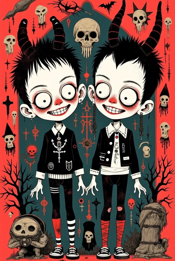 graffiti illustration：Big-eyed twins，Grin，Scary expression ，Gothic Art Style ，symbol， Halloween theme
Red ink thrown out with force