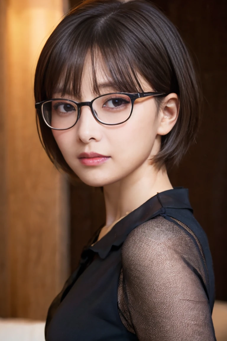 Absurd, high res, Ultra Sharp, 8k, masterpiece,  short hair ,  no bangs ,  seductive expression ,, Sexy Appearance, dark brown  short hair, Glasses, Secretary&#39;s attire,  white sheer braless blouse with button closure, Formal look, Loose Baggy Pants ,  Sheer Braless White Blouse ,  White Sheer Colored Blouse 