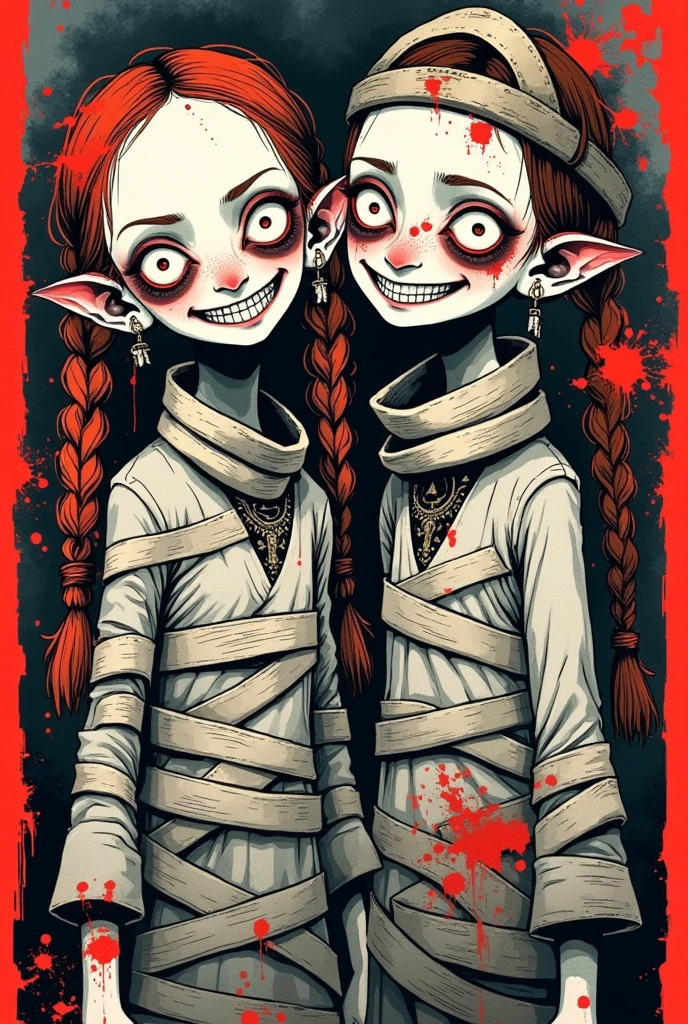 graffiti illustration：Big-eyed twins，Grin，Scary expression ，mummy，Gothic Art Style ，symbol， Halloween theme
Red ink thrown out with force