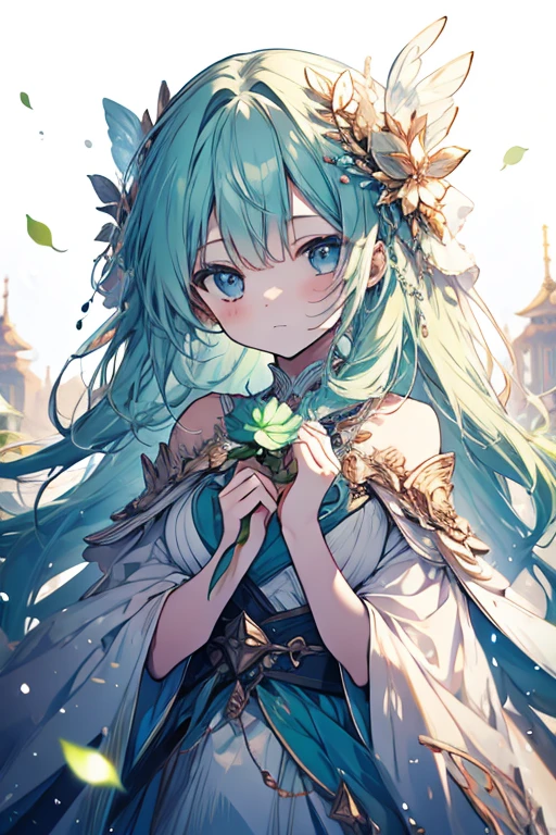 A kawaii girl is pouring a cocktail with a flourish, petals of blue and green cascading around her as she creates a dazzling display.